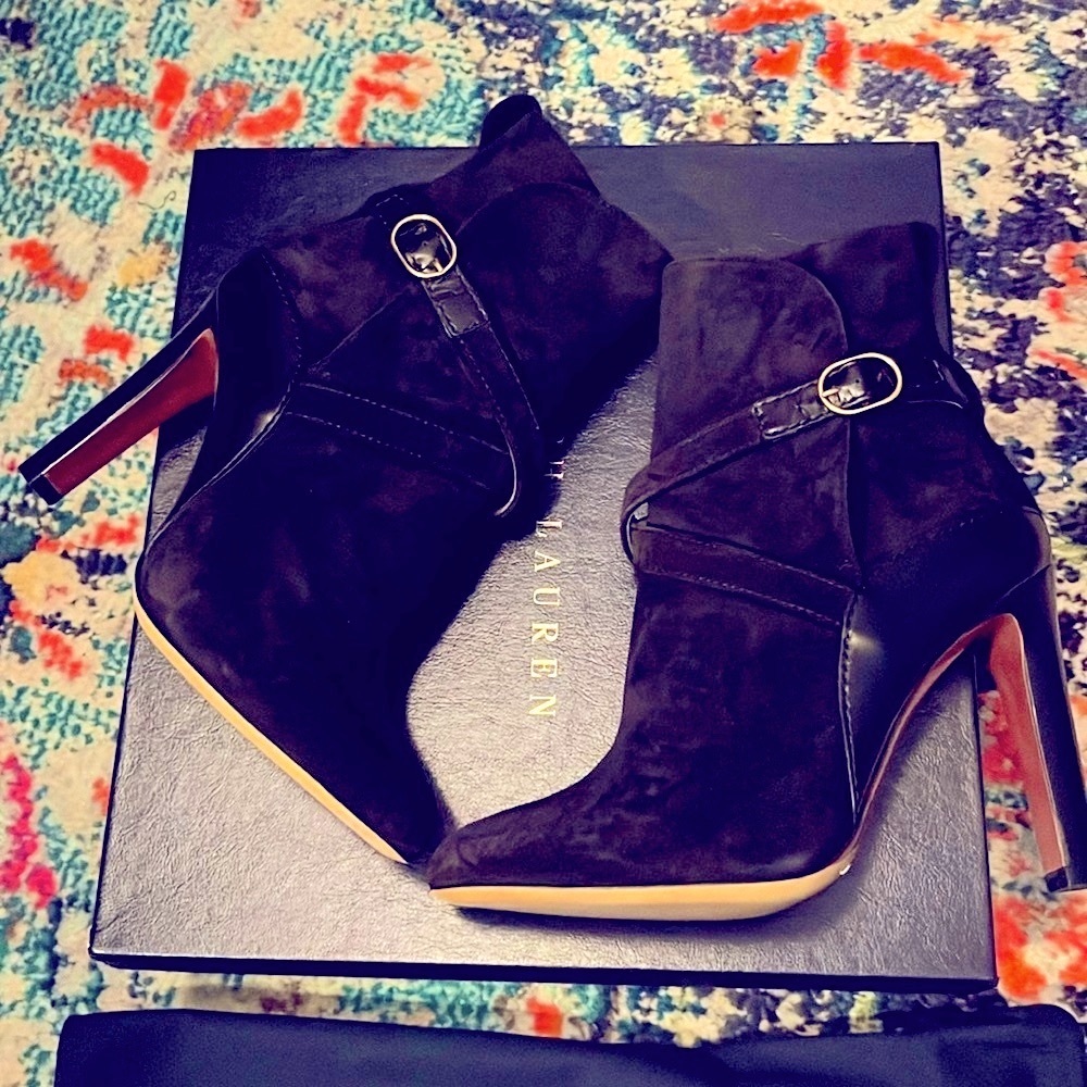 Ralph Lauren Black Suede Heeled Stiletto Booties NWOT - Picture 3 of 10